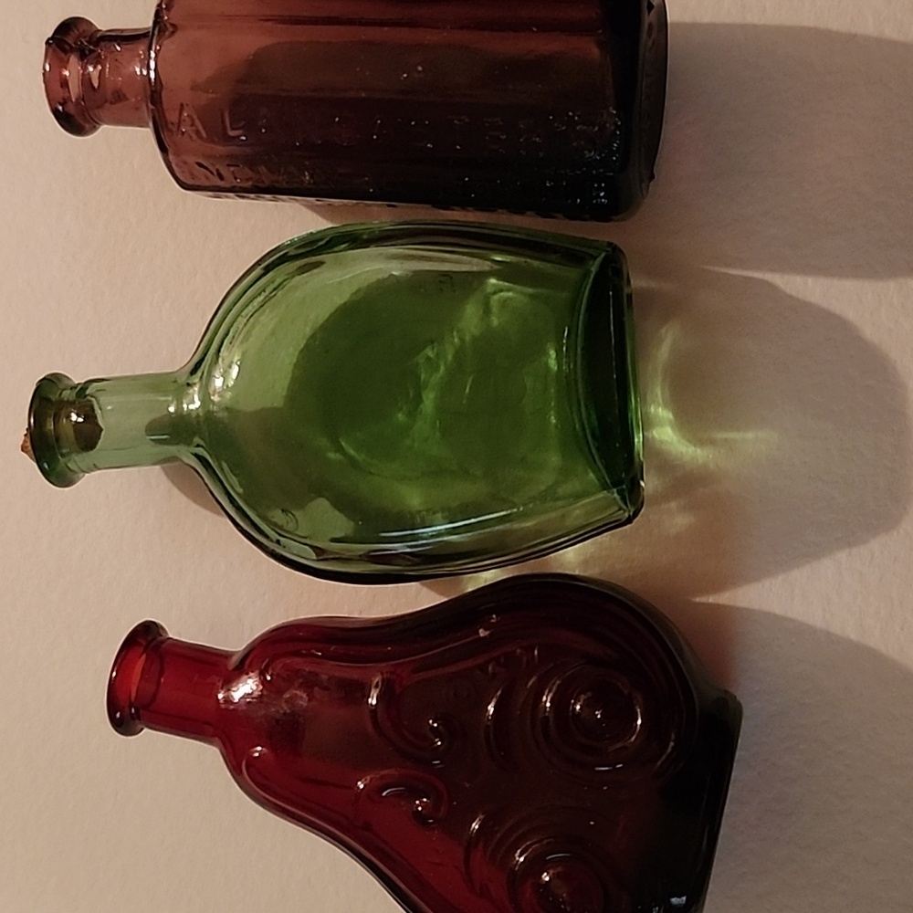 Set of Three Vintage Glass Bottles - Red, Green, and Purple - Picture 7 of 7